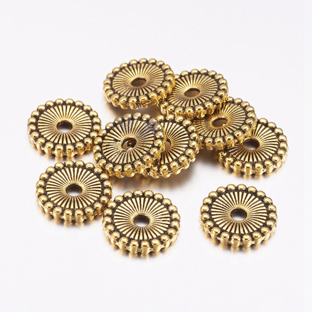 PandaHall Tibetan Silver Bead Spacers, Disc, Lead Free and Cadmium Free, Antique Golden, Disc, about 12mm in diameter, 2mm thick, hole: 2mm...