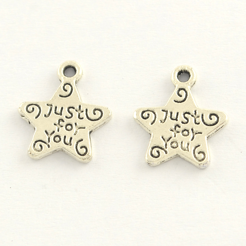PandaHall Tibetan Style Zinc Alloy star Charms with Word Just for You, Antique Silver, 14x12x1mm, Hole: 1mm; about 1613pcs/1000g Alloy Star