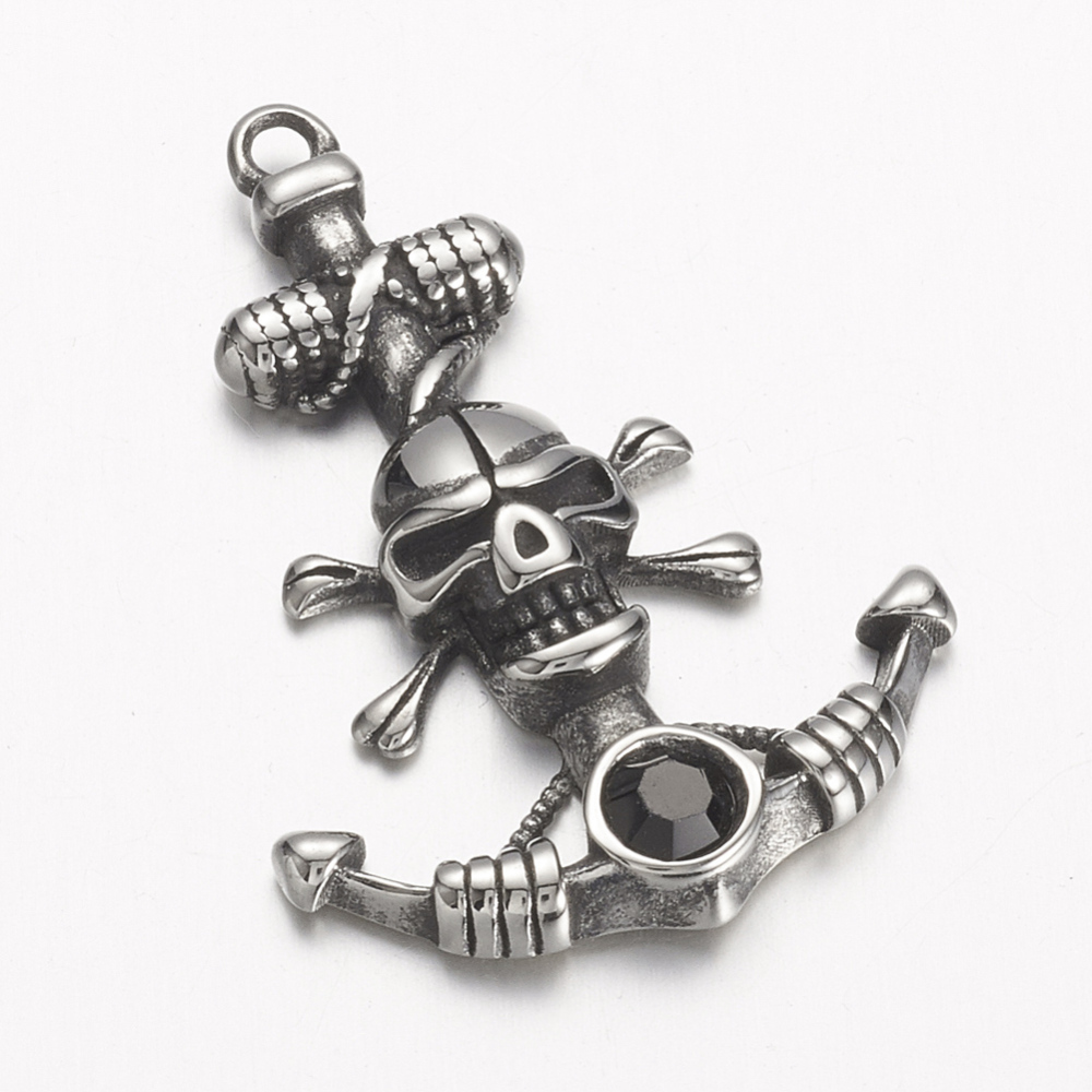 PandaHall 304 Stainless Steel Pendants, Anchor with Pirate Style Skull, Antique Silver, 36.5x25.5x5mm, Hole: 2mm Stainless Steel Anchor &...