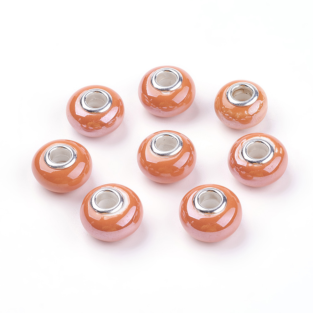 PandaHall Handmade Porcelain European Beads for Jewelry Making, with Silver Color Brass Double Cores, Rondelle, OrangeRed, 15x11mm, Hole...